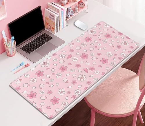 Image of Japanese Cherry Blossoms Extended Desk Pad Mouse Pad,Large Gaming Floral Mouse Mat with Stitched Edges,Non-Slip Rubber Base Mousepad for Office Computer Keyboard Laptop Home(27.5X11.8 in)
