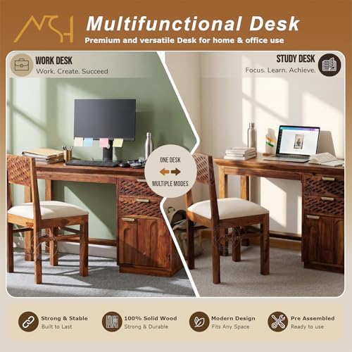Image of NSH Solid Sheesham Wood Study Table with Chair | Wooden Writing Desk with Drawer & Door Storage | Pre-Assembled Computer Desk Workstation for Home Office & Study Room | Walnut Finish