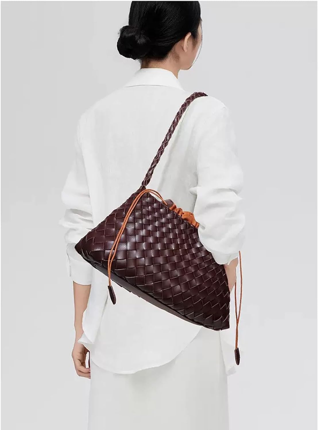 woven tote bag genuine leather shoulder bag for women brown leather purse(chocolate color) - Image 3
