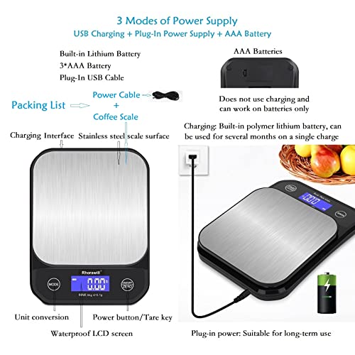Rhorawill Digitale Keukenweegschaal, Zeer Nauwkeurige 5kg/0.1g Voedselweegschaal, Elektronische Keukenweegschaal met LED Display, Roestvrij Staal Weegoppervlak, USB Opladen - Afbeelding 3