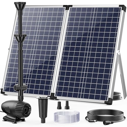POPOSOAP 70W Solar Water Pump, Solar Water Fountain with Water Shortage Protection, Solar Pond Pump 580GPH Adjustable with PVC Clear Tubing, 17Ft+10Ft Cord for Ponds, Garden, Waterfall, Hydr