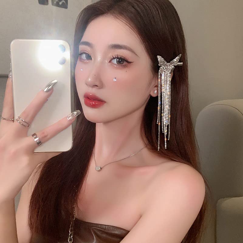 Miniatura 2 de E EMZHOLE Pinzas para el cabello de mariposa plateadas con diamantes de imitación, diseño de moda, accesorios para el cabello, cadena larga de borla