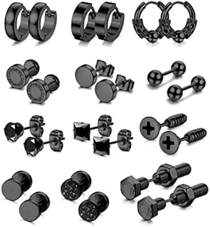 CASSIECA 9-12 Pairs Earrings for Men Black Silver Stud Hoop Earrings for Mens Boys Tiny Ball Barbell Screw Studs Cartilage Earrings Stainless Steel Earrings Set for Him