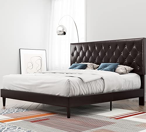 Einfach King Platform Bed Frame With Adjustable Faux Leather Diamond Stitched Button Tufted Headboard, Sturdy Wooden Support And No Box Spring Needed, Espresso #TOP10