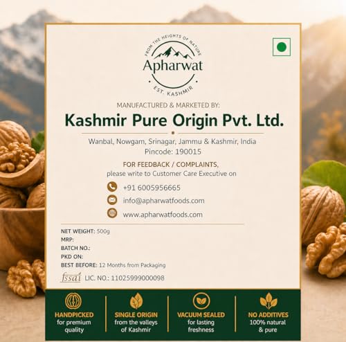 Image of Apharwat Kashmiri Walnut Kernels Without Shell | Light Halves Grade | 500g | Single Origin Kashmir | Vacuum Sealed + Oxygen Absorber | Akhrot Giri | Source of Natural Plant Oils | Fresh Crop