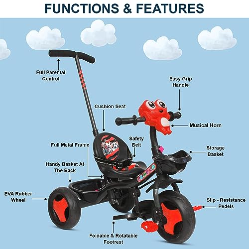 Image of Primo Kid Toys Tricycle for Kids 1 Years+, Plug & Play Tricycle for Kids. Ride on with Safety Seat Belt, Dual Storage Space & Parental Handle.