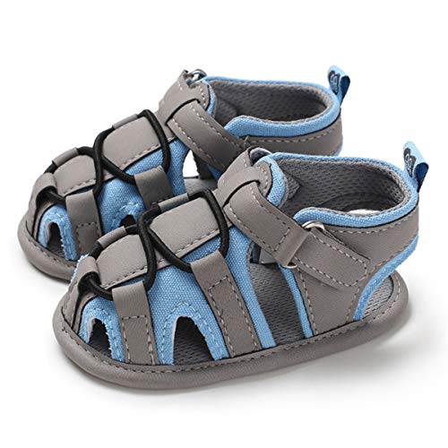 Infant Baby Boys Girls Summer Sandals PU Leather Rubber Sole Toddler First Walker Shoes(0-18 Months) (12-18 Months M US Infant, C-Light Blue & Grey)