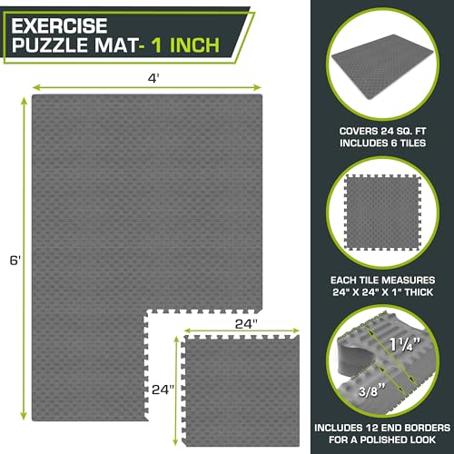 Image of ProsourceFit Exercise Puzzle Mat 1-inch, Checkered EVA Foam Floor Tiles w /Non-Slip Texture, Interlocking Design for Adjustable Gym Surfaces, Shock Absorbing, Grey, 24 SQ FT - 6 Tiles