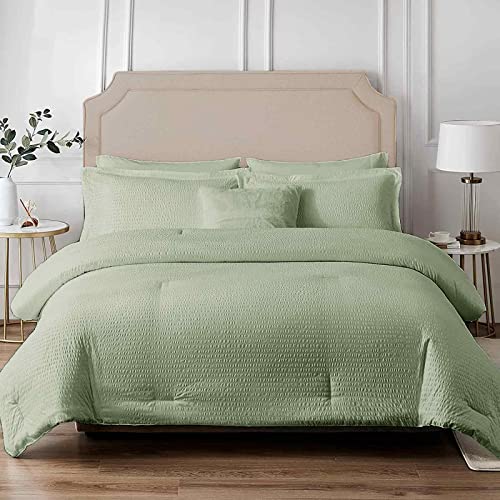 Seersucker King Size Comforter Set Sage Green All Season Reversible Down Alternative Quilted Duvet Insert, Microfiber Filling, Luxury Hotel Quality Bedding Sets In A Bag For Women Men , 104 Inch 3Pc #TOP2