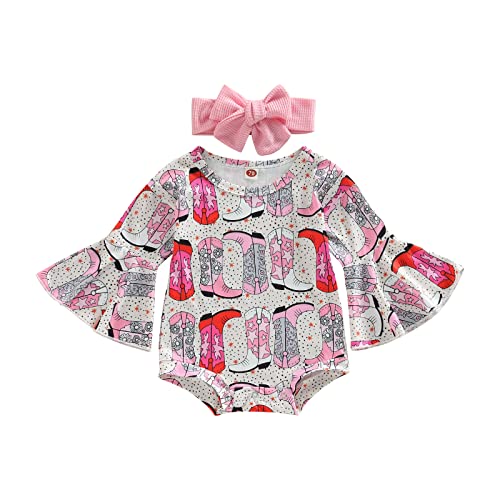 Image of Kayotuas Baby Girl Romper Bell Sleeve Onesie Floral Cow Print Bodysuit Jumpsuit with Headband Infant Western Cowgirl Outfit