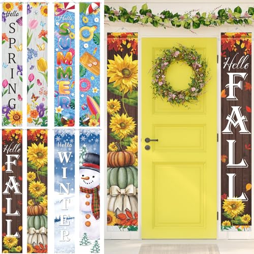 8 Pcs Seasonal Door Banner Hello Winter Christmas Banner Spring Summer Fall Winter Porch Sign Christmas Door Cover Party Decorations For Yard Indoor Outdoor Decorations 11.8 x 70.9 in