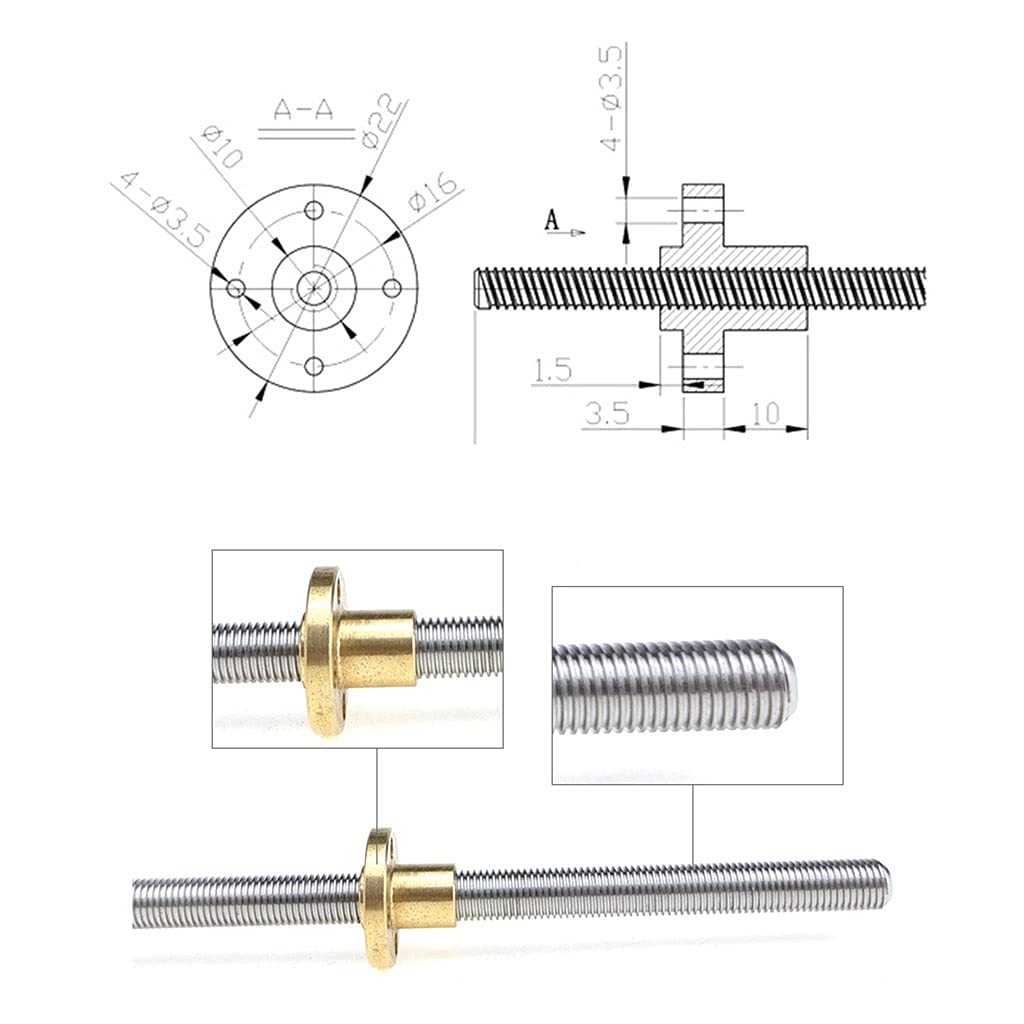 Trapezförmige Gewindespindel, 3D-Druckerteile, T8-Gewindespindel, Länge 800 mm, 1000 mm, 1200 mm, Steigung 1 mm, 2 4 8 10 12 14 mm, T-Schraube mit Messingmutter, 1 Stück(Lead 8mm,1200mm)
