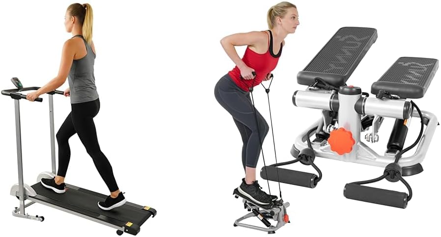 Sunny Health & Fitness Advanced Mini Home Steppers with Resistance Bands - SF-S0978 + Foldable Manual Treadmill, Durable Non-Electric Incline Exercise
