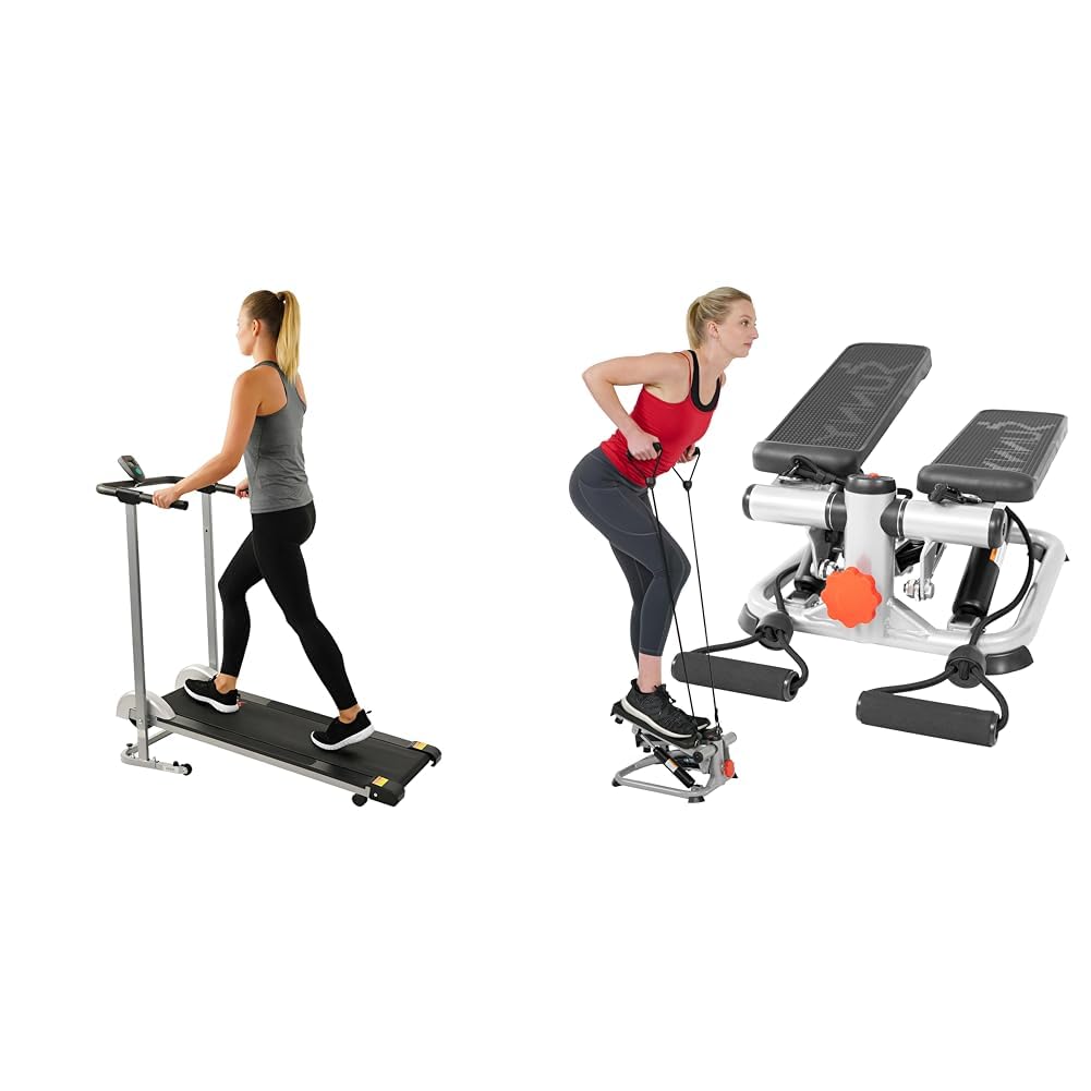 Sunny Health & Fitness Foldable Manual Treadmill, Compact Cardio Fitness + Advanced Mini Home Steppers, Total Body Workout Stair Machine with Resistance Bands - SF-S0978