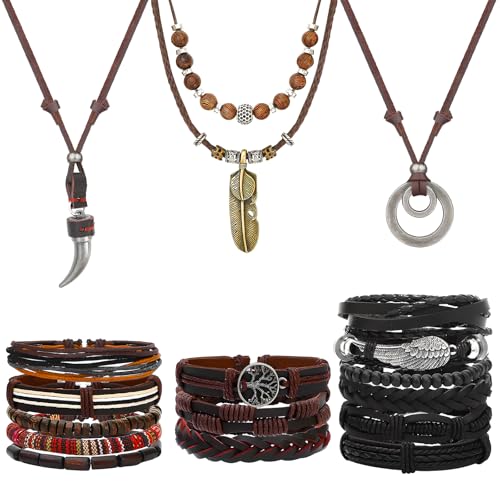 NEWITIN 17 Pieces Braided Leather Jewelry Set for Men Woven Faux Leather Layered Necklaces Cuff Wrap Bracelets Retro Bohemian Jewelry Set for Men Women