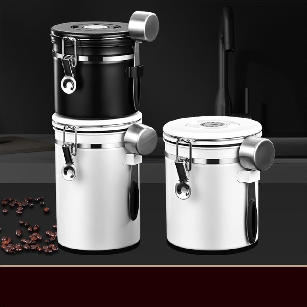 Frischhaltedosen Kaffeebohnen-Frischhaltebehälter, versiegelter Vakuum-Einweg-Abgas-Lagertank mit Löffel, Kaffeebohnen-Lagertank Organizer Kühlschrank (Color : Black, Size : Large)