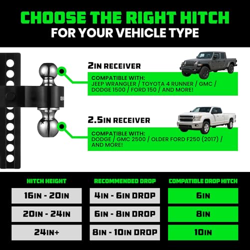 Image of Rhino USA Adjustable Trailer Hitch (Fits 2.5-Inch Receiver)-Heavy Duty Aluminum Tow Hitches with 10-Inch Drop /Rise for Truck (18,500 LBS GTW)- Weatherproof Double Anti-Theft Locking Hitch Pins (Black)