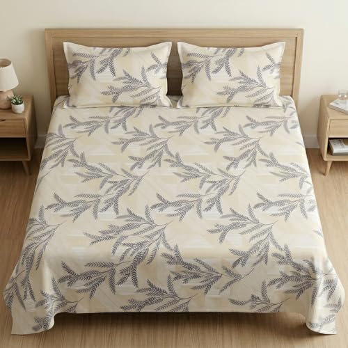 Image of Mafatlal 186 TC Metro Cotton Double Bed Bedsheet | 90x100 Inch|Soft, Breathable & Lightweight | Includes 2 Pillow Covers| Cream Black 1