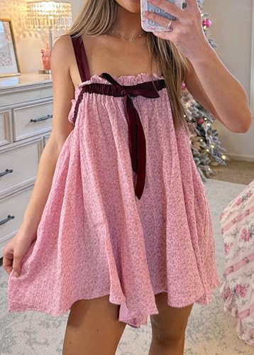 Image of Women Tie Shoulder Mini Dress Floral Ruffle Babydoll Dress Boho Square Neck Sundress Cute Summer Dresses