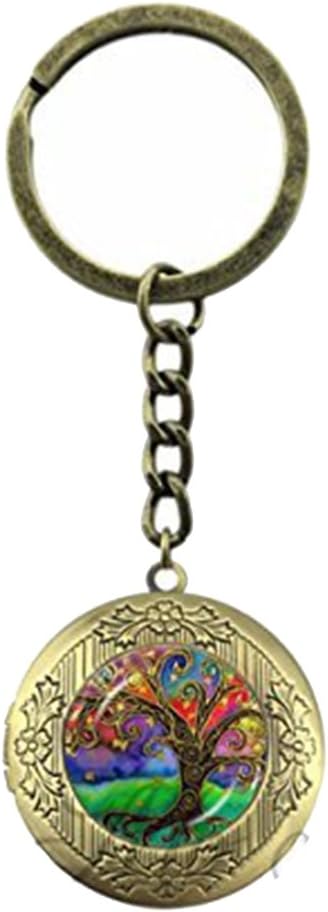 Chakra Tree Of Life Glass Locket Pendant Keychains Gold Heart Leaf Locket Keychain