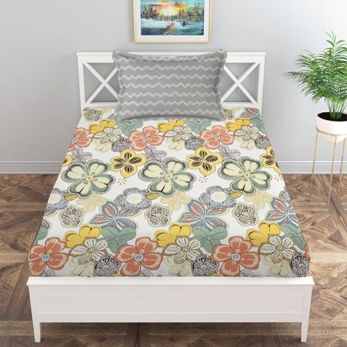 Image of IVAZA Ezyption Cotton Soft and Warm Mix N Match Bedsheet Set for Single Size Bed Soft Durable bedsheet with1 Pillow Cover Yellow White