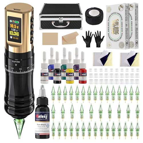 Kit machine tatouage Solong Set Profi, stylo rotatif sans fil 1800mAh, écran LCD, 40 aiguilles, 8 encres de qualité, idéal pour débutants et artistes,...