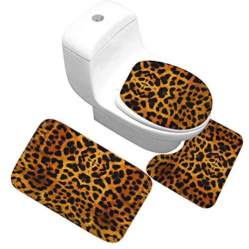 Badteppich Set,Badematten Teppich-Set 3-Teilig Vintage Leopard 3D-Druck Rutschfeste Badematten Weiche Mikrofaser…