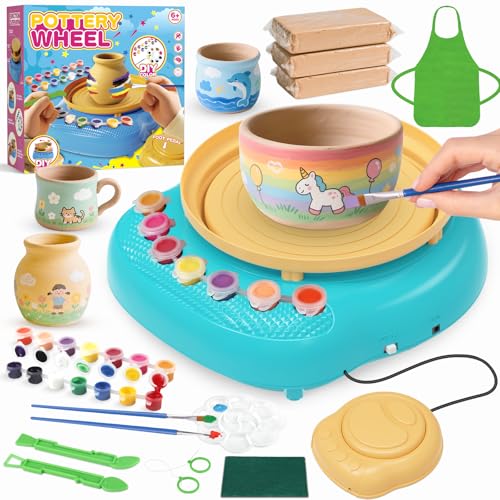 Pottery Wheel for Kids Arts & Crafts Pottery Painting Toys Kit for Kids Ages 8-12 Art Supplies with 3 Pack Air Dry Clay and Clay Tools Birthday Easter Gift for Girls Boys 6 7 8 9 10 11 12