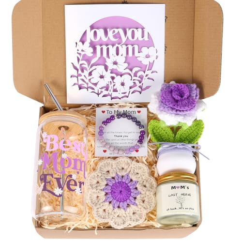 Mothers Day Gift For Mom From Daughter,Son,Kid,Husband,Personalized Gift Box For Mama With Floral Card, Scented Candle, Best Mom Ever Tumbler, Handcrafted Crochet Flowers,Beaded Bracelet (Purple Theme)
