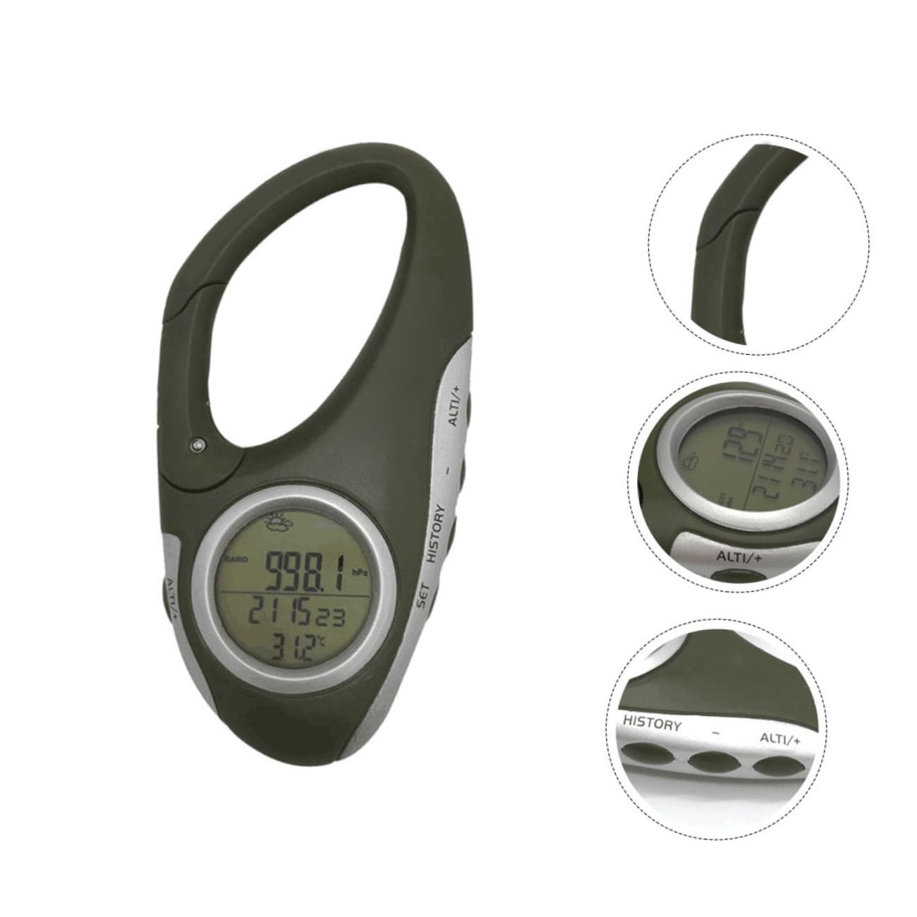 TOYANDONA Altimetro Portatile Barometro Termometro da Alpinismo Termometro da Arrampicata Moschettone Altimetro Moschettone Termometro Termometro Portatile Verde ABS