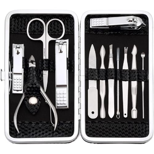 Kit Manucure Pedicure,12 en 1 Kit Manicure Ongle Complet Professionnel, Trousse Coupe Ongle Homme et Femme, Set Manucure Noir Portable Étui en Cuir pour Le...
