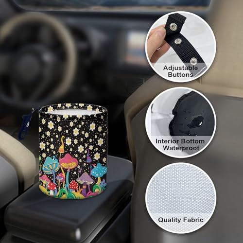Image of Mushroom Daisy Trash Can Leak Proof Waste Basket Container Bag Bin Hanging Cup Holder Organizer with Strap Mini Car Interior Accessories for Auto, Camping, Travelling