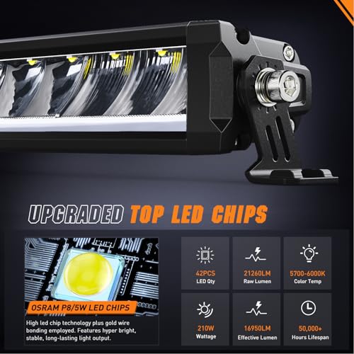 Image of Nilight LED Light Bar with Amber DRL 50.5 Inch 210 W Single Row Light | Anti-Glare Flood Spot Combo Slim Offroad Lights IP68 w / 12 AWG DT Wiring Kit for Pickup Truck SUV ATV UTV Boat 4x4