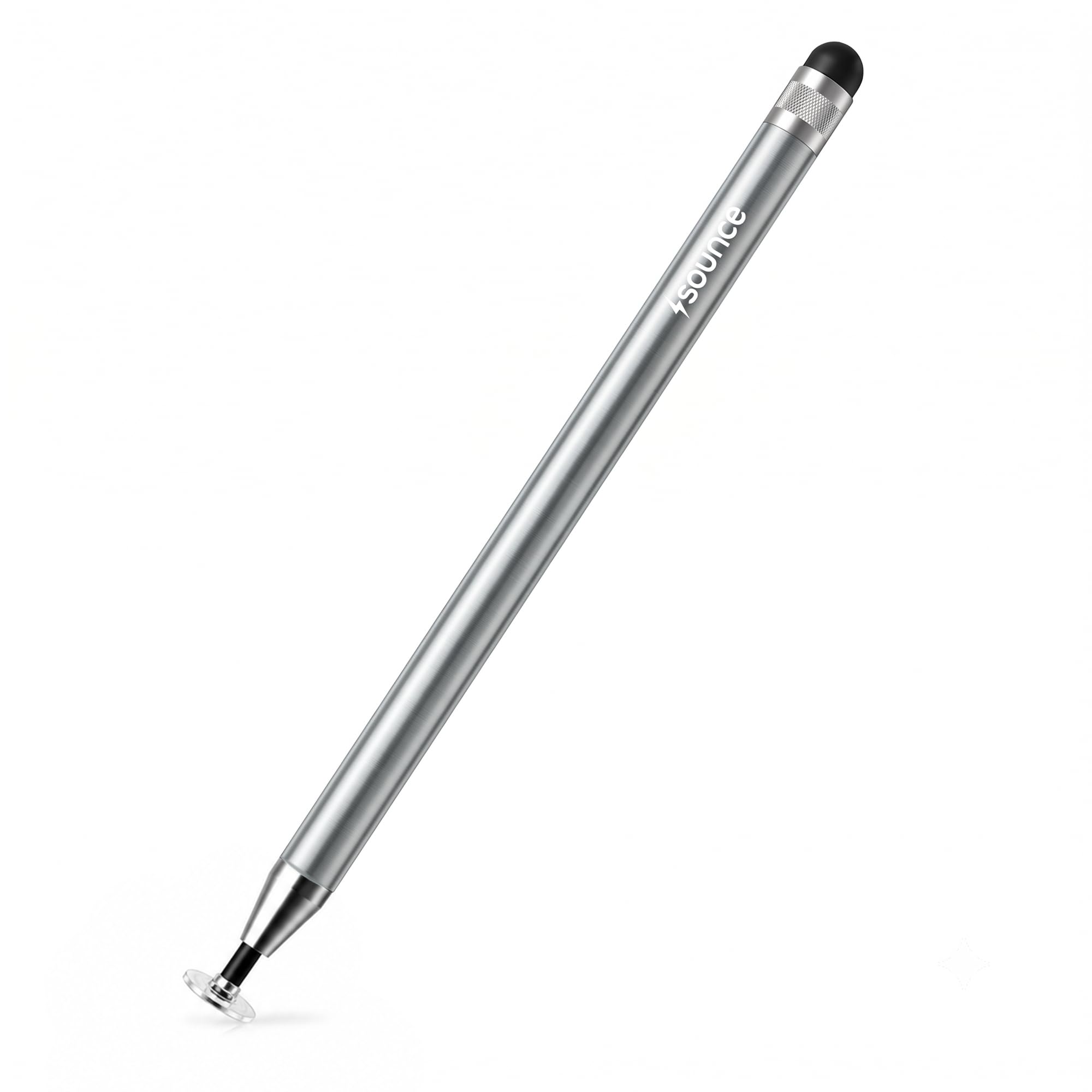 sounce 2-in-1 universal stylus pen for touch screen devices, disc & fiber tip, lightweight metal body for ipad, iphone, android tablets & smartphones (grey)
