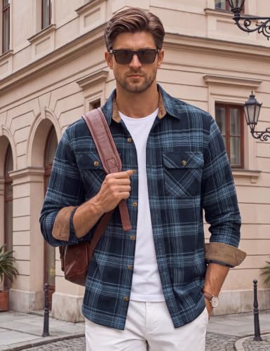 Image of Cotrasen Mens Flannel Shirts Cotton Plaid Button Down Shirt | Long Sleeve, Corduroy Collared, Soft,Breathable, Work, Western, Trendy, Casual Classic Flannel Shirt with Pocket