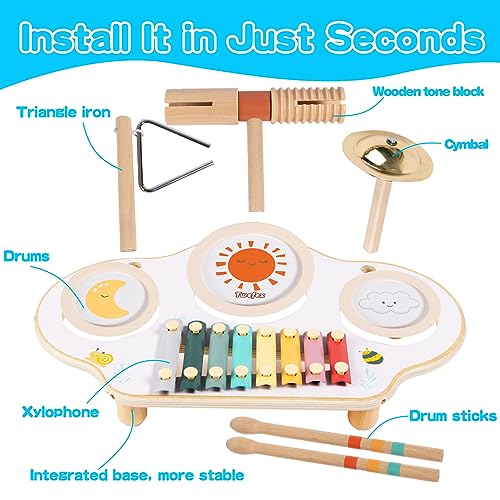 Image of Twefex Kids Drum Set - 9 in 1 Baby Drum Set for Toddlers - Montessori Musical Instruments Toy for Babies - Wooden Xylophone Musical Toys for Boys and Girls