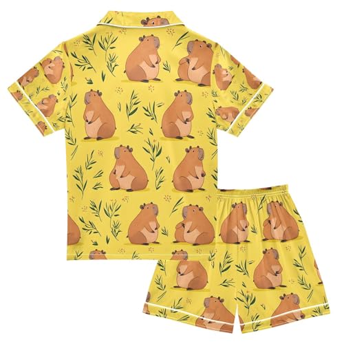 senya Cartoon Capybaras Grass Yellow Satin Summer Pajama Sets Silk Short Sleeve Button Down Sleepwear2