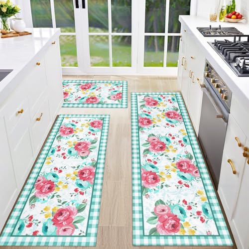 Mofvugz Red Teal Floral Kitchen Rugs and Mats Non-Skid Washable for Floor, Floral Teal Kitchen Decor and Accessories Kitchen Mat Set of 3, 17