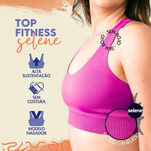 SELENE Top Academia Sem Costura Canelado Poliamida Nadador Sem Costura Feminino, Rosa Neon, P