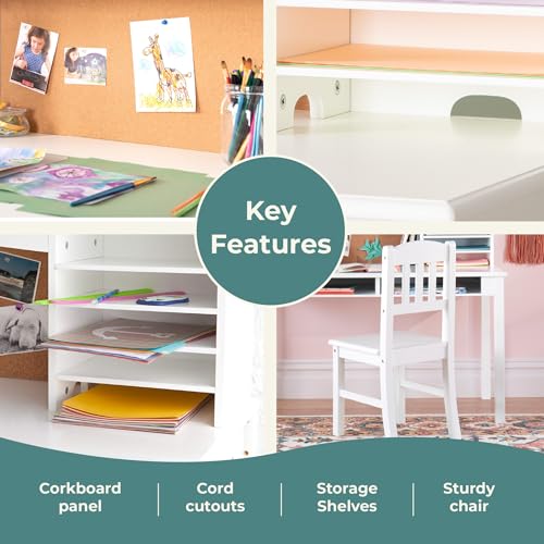 Image of Guidecraft Kids Media Desk and Chair Set - White: Kids Writing Desk with Hutch and Storage Shelves, Computer Workstation with Corkboard, Wooden Desk Set for Boys and Girls