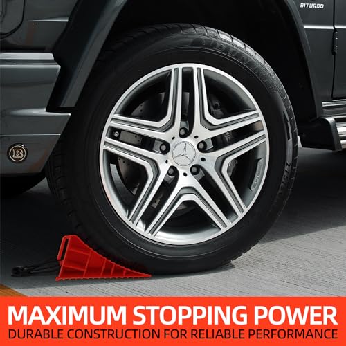 Image of Homeon Wheels RV Camper Large Wheel Chocks Extra Wide with Handle and Rope for Travel Trailers, Cars, Tire Chocks Blocks 2 Packs Hard Plastic Heavy Duty(Red)