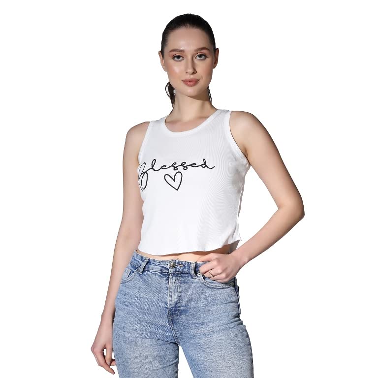 Image of OM SAI LATEST CREATION Crop Tops for Women || Ribbed Solid Chest Printed Crop Top for Girls || Text & Hart Print with Round Neck & Sleeveless Crop Top for Women || Tank Top.