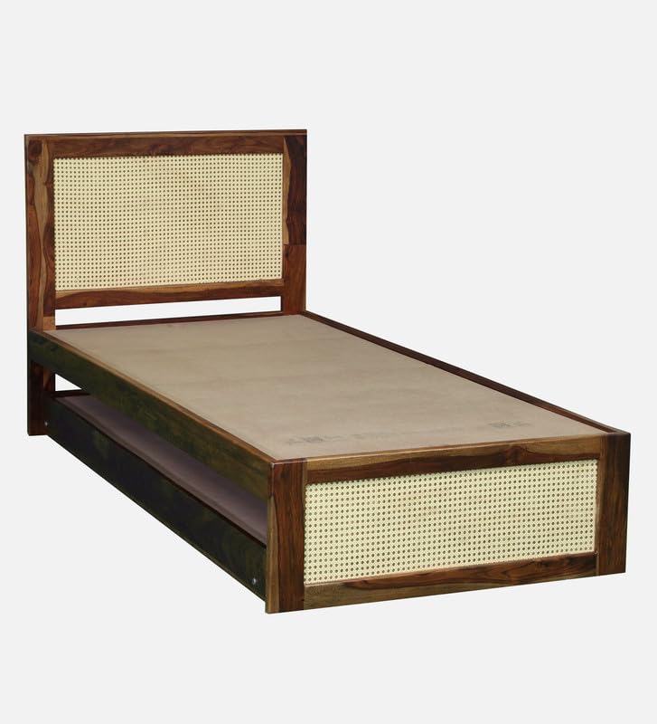 Image of Solid Sheesham Wood Jaipori Single Size Trundle Bed with 1 Extra Pullout Bed | Wooden Single Bed Cot Palang Furniture for Bedroom Living Room Home and Hotel (Provincial Teak Finish)