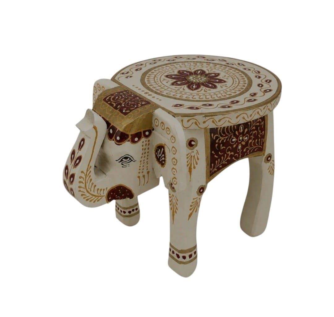 Handcrafted Wooden Elephant Stool 8 Inch Off White Hand Painted-picture-18