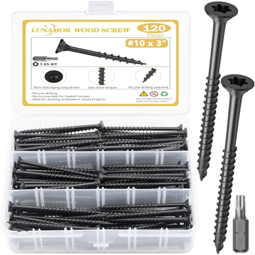 Deck Screws, #10x3 Tornillos para madera exterior de alta resistencia, 120 piezas, cabeza Torx/Star, recubrimiento epóxico resistente a la oxidación, tornillos para terraza exteriores, incluye punta estrella T25, color negro