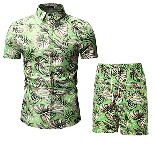 Hawaii Hemd, Neuheit Casual Hawaiihemd Set Monstera Blätter Druck Grün Atmungsaktiv Harajuku Aloha Shirt Shorts Für Herren Damen Strand Surf Urlaub,L Cover