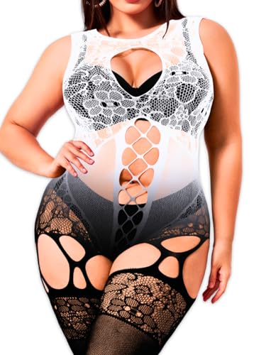EHSUYAB Plus Size Body Stockings For Women Curvy BBW, Exotic Dancer Lingerie Outfits, Full Sexy Fishnet Bodysuit Rave Party Gradient White Black