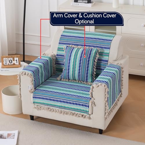 Image of HOKIPO 'Artisan Boho Series' 450 GSM Sofa Cover with Tassels | Multicolor Cotton Acrylic Jacquard Slipcover for 1 Seater Sofa, Size 152x60 cm, Royal Blue (IN-907-A2)