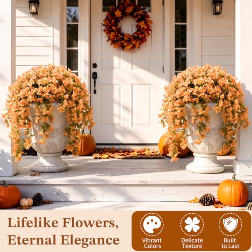 Image of Lewondr Artificial Fall Hanging Flowers UV Resistant Bougainvillea, Apricot | 2PCS Faux Silk Long Trailing Vines, Fade Proof, Fake Flowers for Autumn Decorations, Front Door Porch Planter Urn Patio