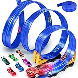 LumenVela Autorennbahn Kinder, 500CM Rennbahn Rennstrecke Flexible Rennstrecke Kinder mit 6 Kleinwagen Aufbewahrungstasche Rampe DIY-Autobahn Portable Autorennbahn ab 4 5 6 7 Jahre (Blau)